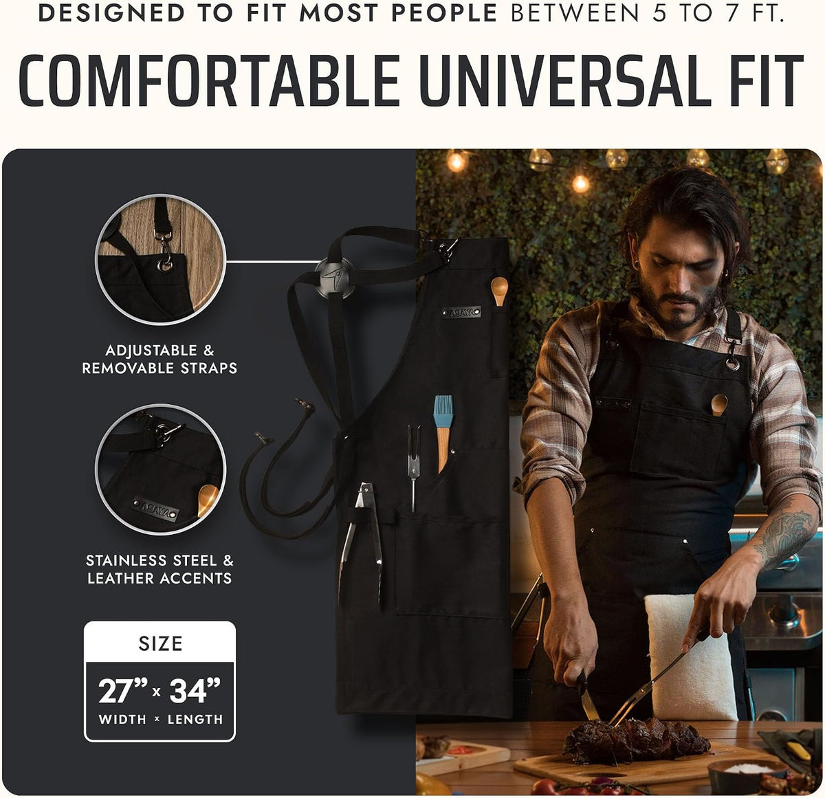 Asaya Chef and BBQ Apron with Bottle Opener and Hand Towel - 10oz Cotton Canvas, Stainless Steel Hardware - Cross Back Straps
