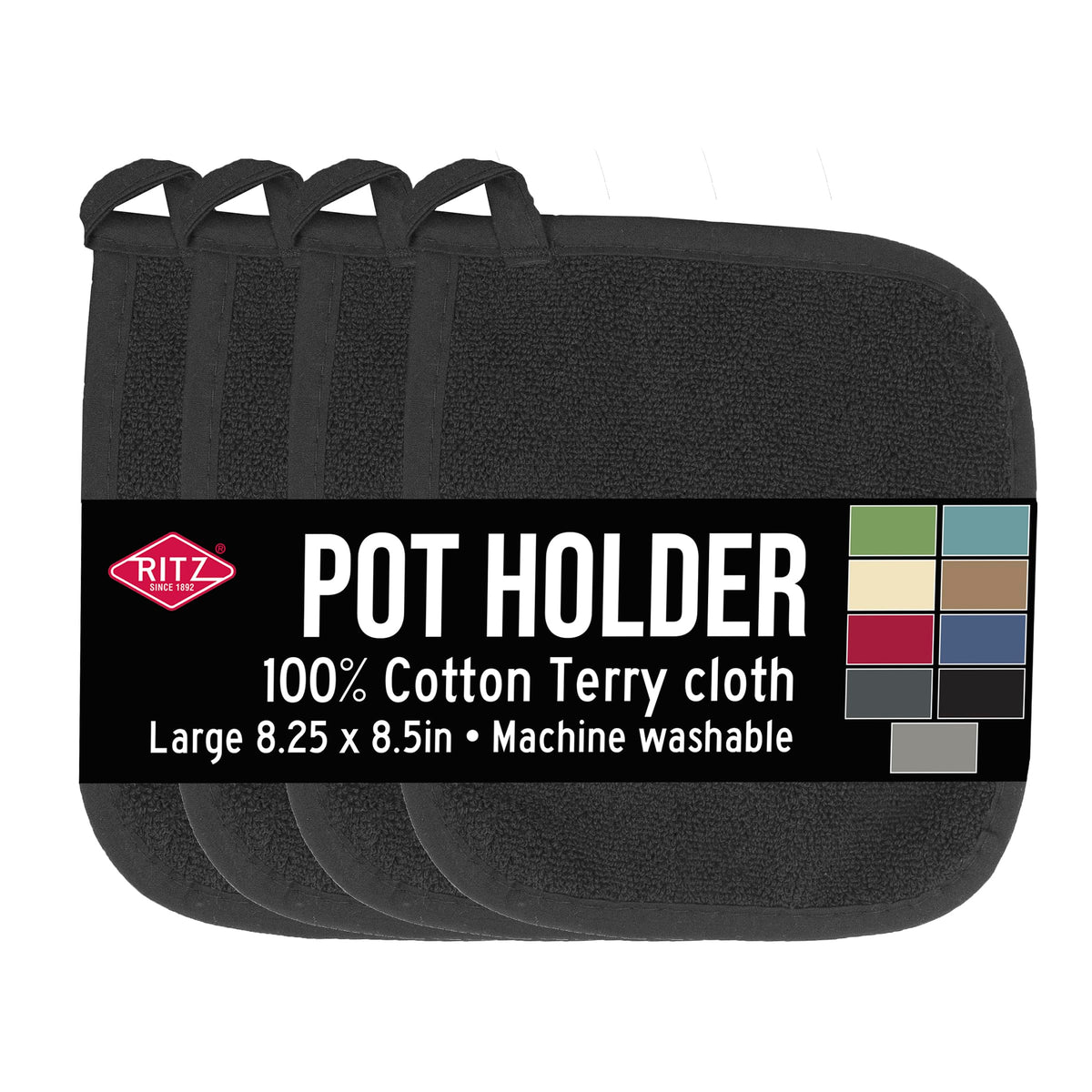 RITZ Terry Potholder & Hot Pad: Unparalleled Heat Resistant, Durable 100% Cotton – Ergonomically Designed for Optimal Grip – Easy-Care Machine Washable – 4-Pack, Federal Blue