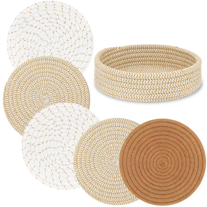 Coga Trivets for Hot Dishes, 4 Pack 7 Inch Cotton Hot Pads for Kitchen with Storage Basket, Round Pot Holders for Kitchen, Heat Resistant Mats for Countertop, Pots and Pans, Farmhouse Decor, Brown