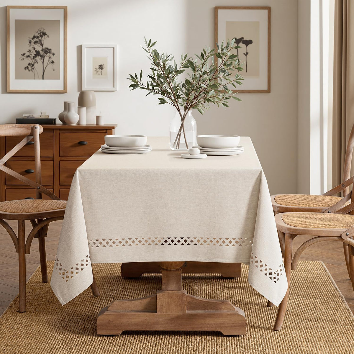 MIULEE Beige Rectangle Tablecloth with Decorative Cutouts 60x84 Inch