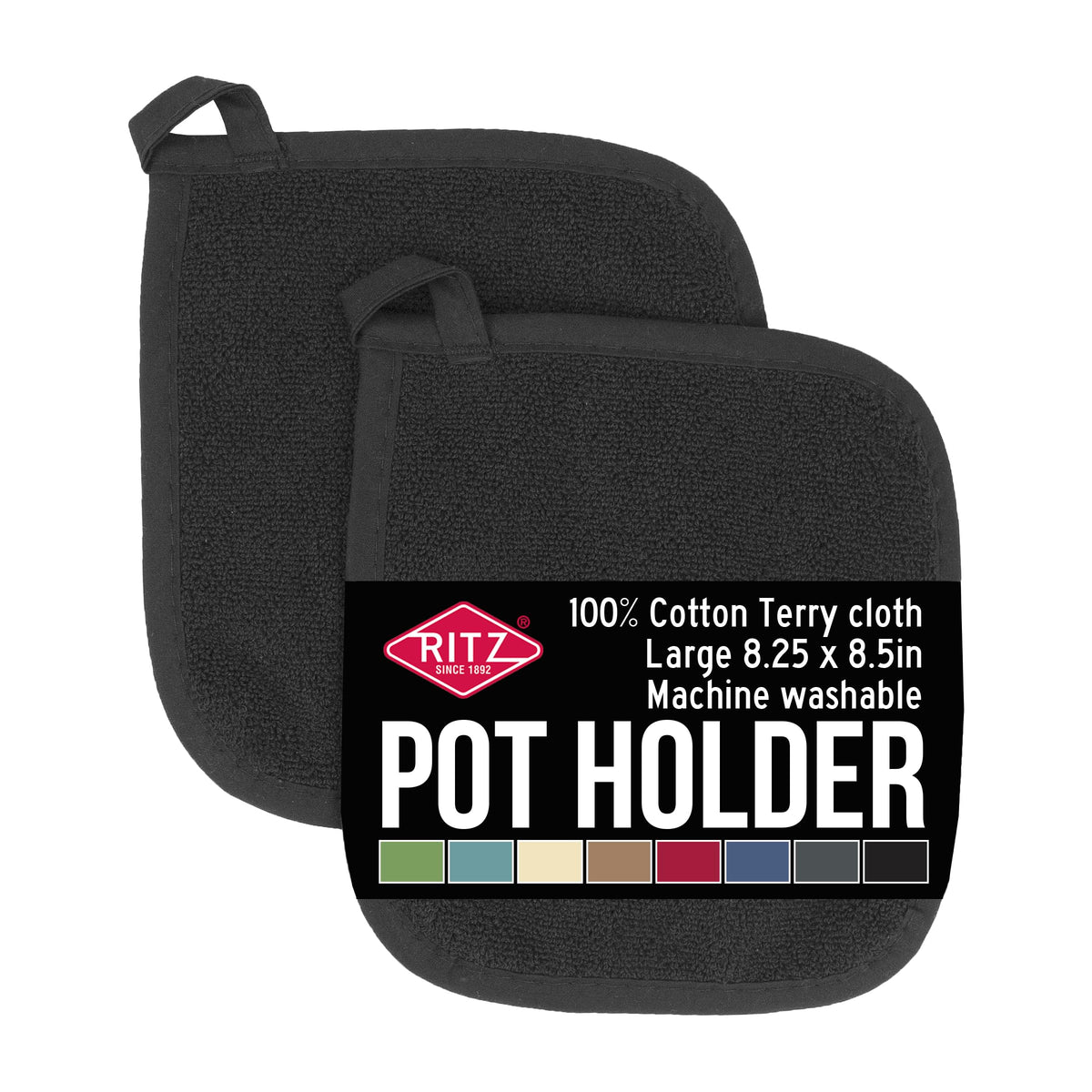 RITZ Terry Potholder & Hot Pad: Unparalleled Heat Resistant, Durable 100% Cotton – Ergonomically Designed for Optimal Grip – Easy-Care Machine Washable – 2-Pack, Graphite