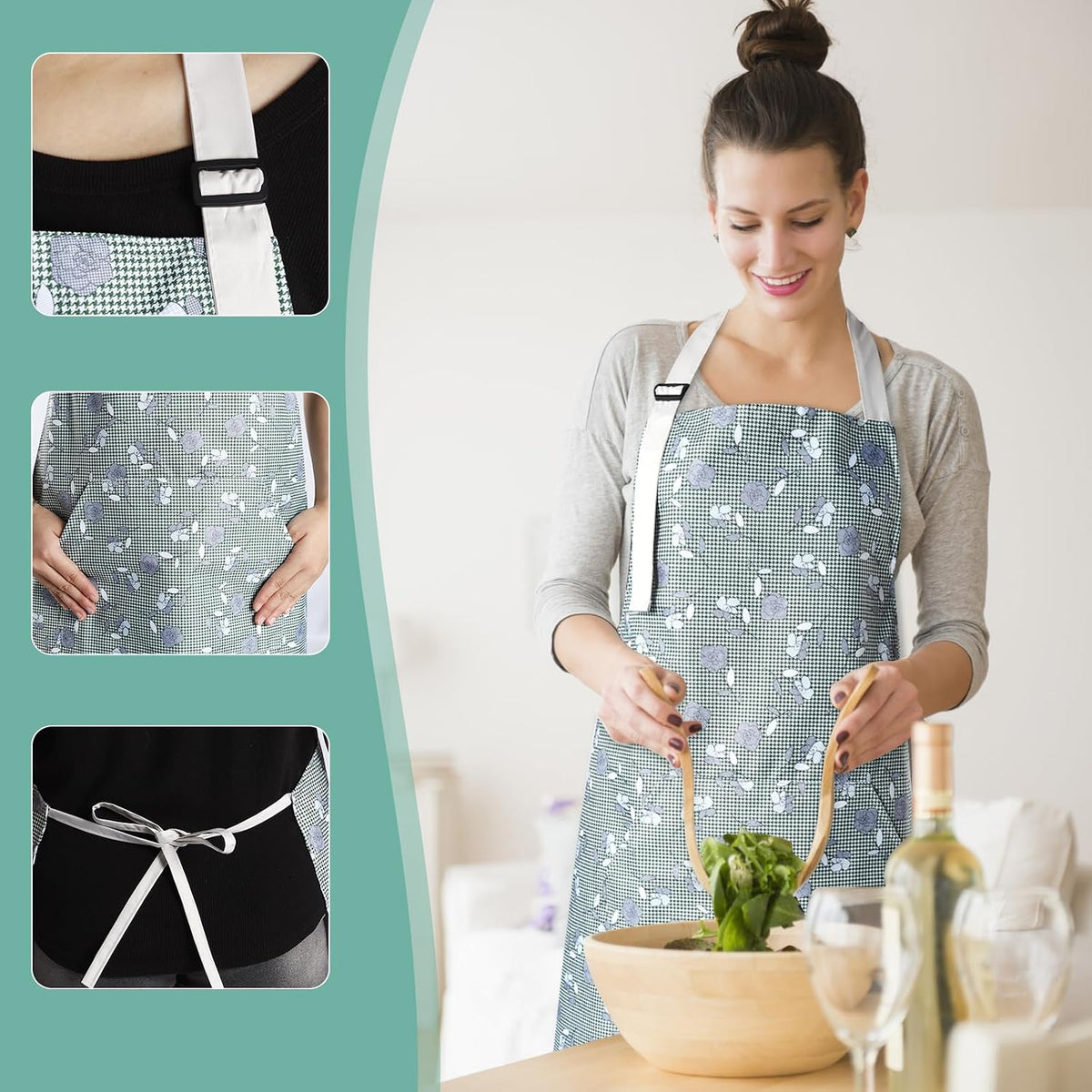 Apron for Women with Pockets, 3 PCs Waterproof Floral Apron with Adjustable Neck Strap for Cooking, Baking, Gardening, Art Craft