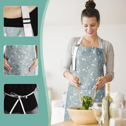 Apron for Women with Pockets, 3 PCs Waterproof Floral Apron with Adjustable Neck Strap for Cooking, Baking, Gardening, Art Craft