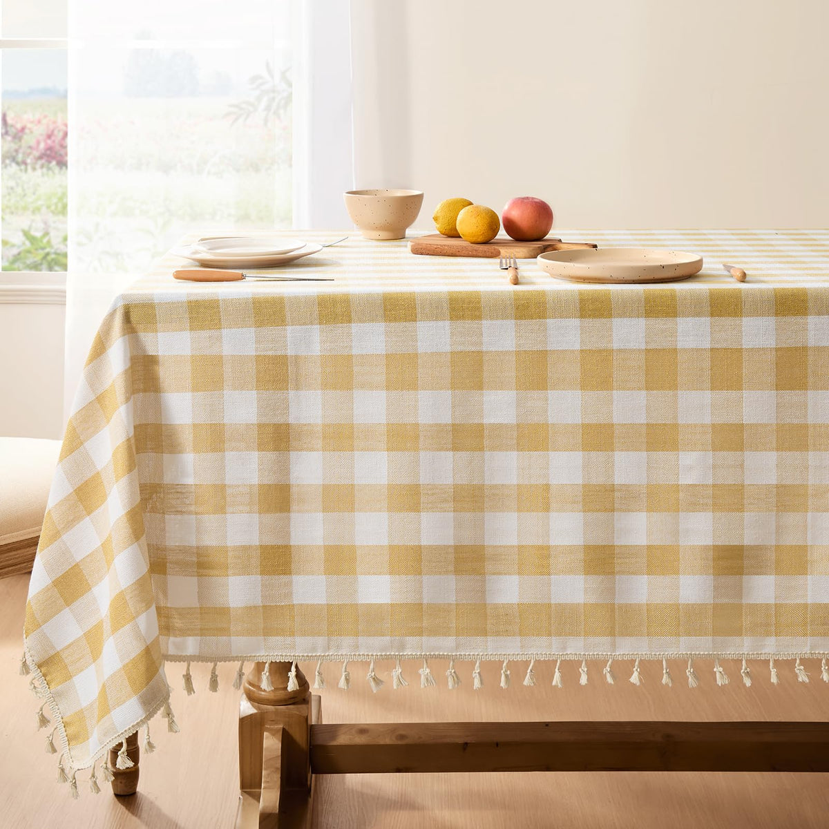 Softalker Gingham Rectangle Tablecloth with Tassel, Sage Green, 55" x 84"