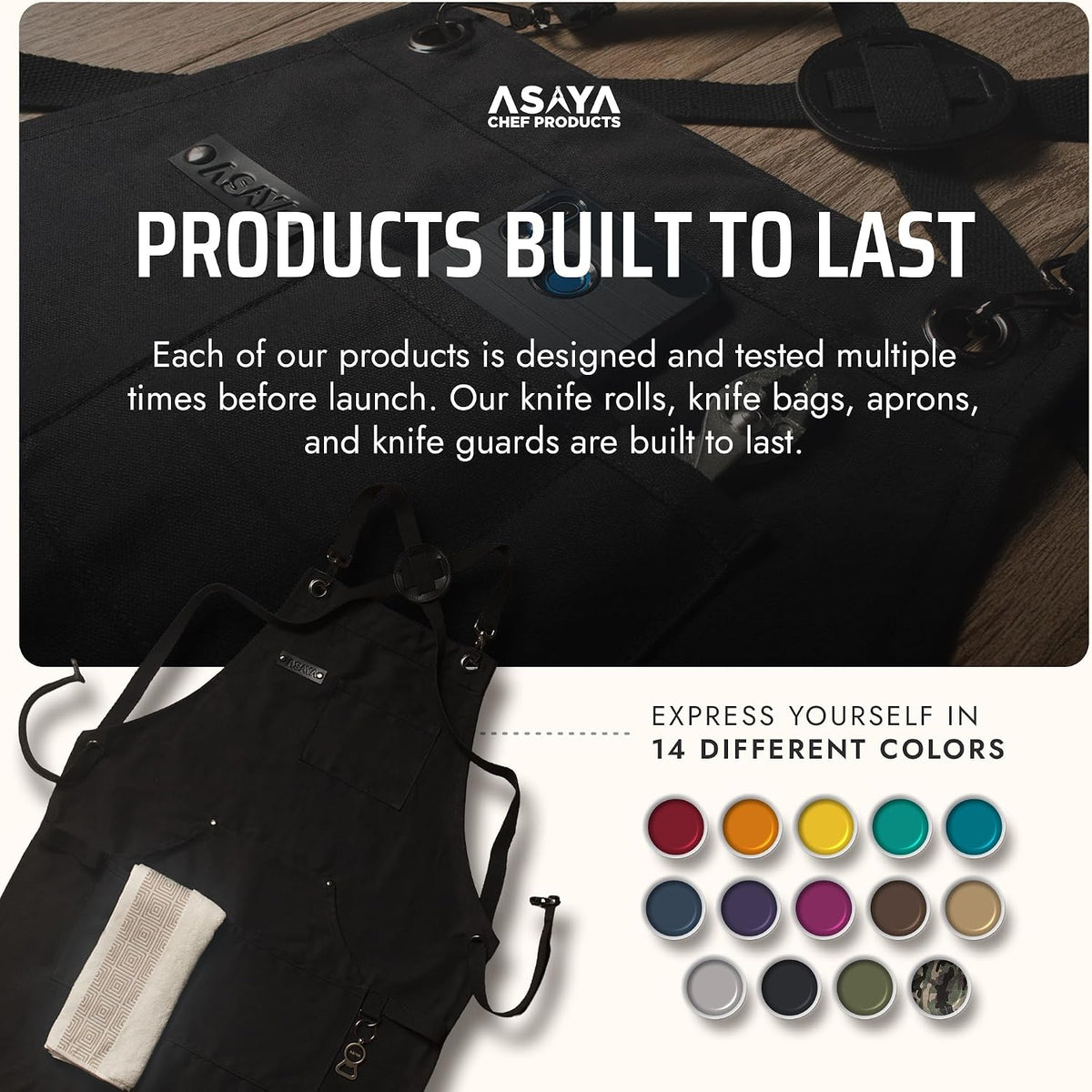 Asaya Chef and BBQ Apron with Bottle Opener and Hand Towel - 10oz Cotton Canvas, Stainless Steel Hardware - Cross Back Straps