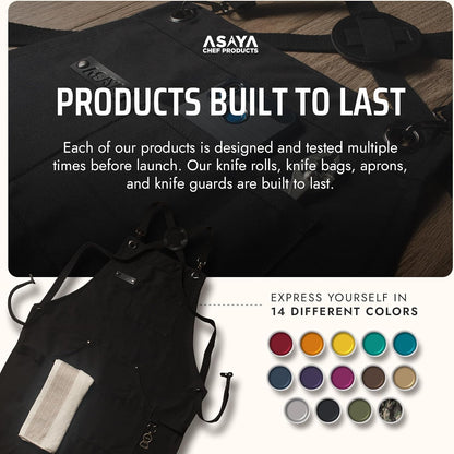 Asaya Chef and BBQ Apron with Bottle Opener and Hand Towel - 10oz Cotton Canvas, Stainless Steel Hardware - Cross Back Straps