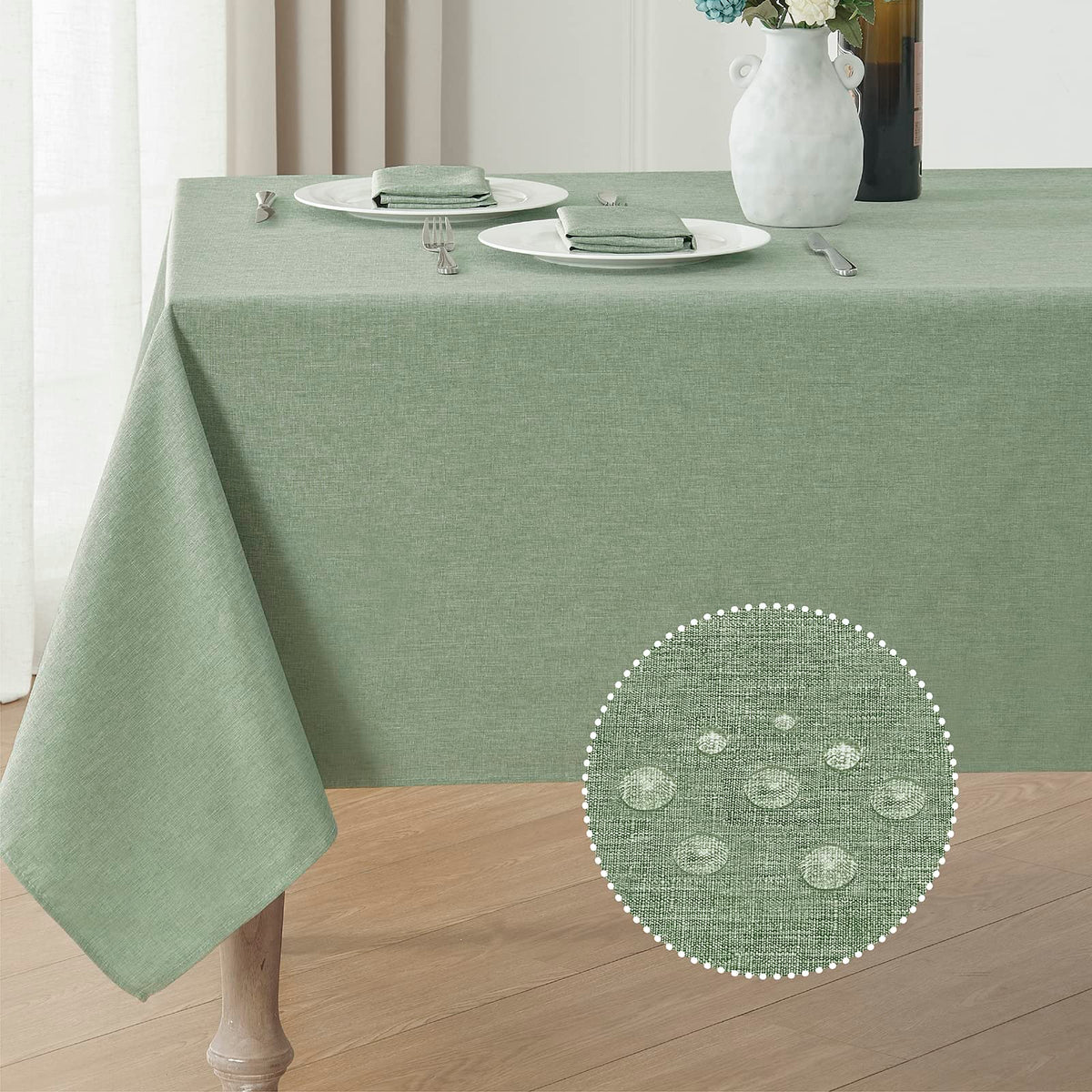 Veblandy Rectangle Tablecloth Linen Textured Waterproof & Stain Resistant Table Cloth Wrinkle Free Decorative Fabric Farmhouse Table Cover for Dining/Party/Buffet/Wedding, 60 x 104 Inch, Sage Green