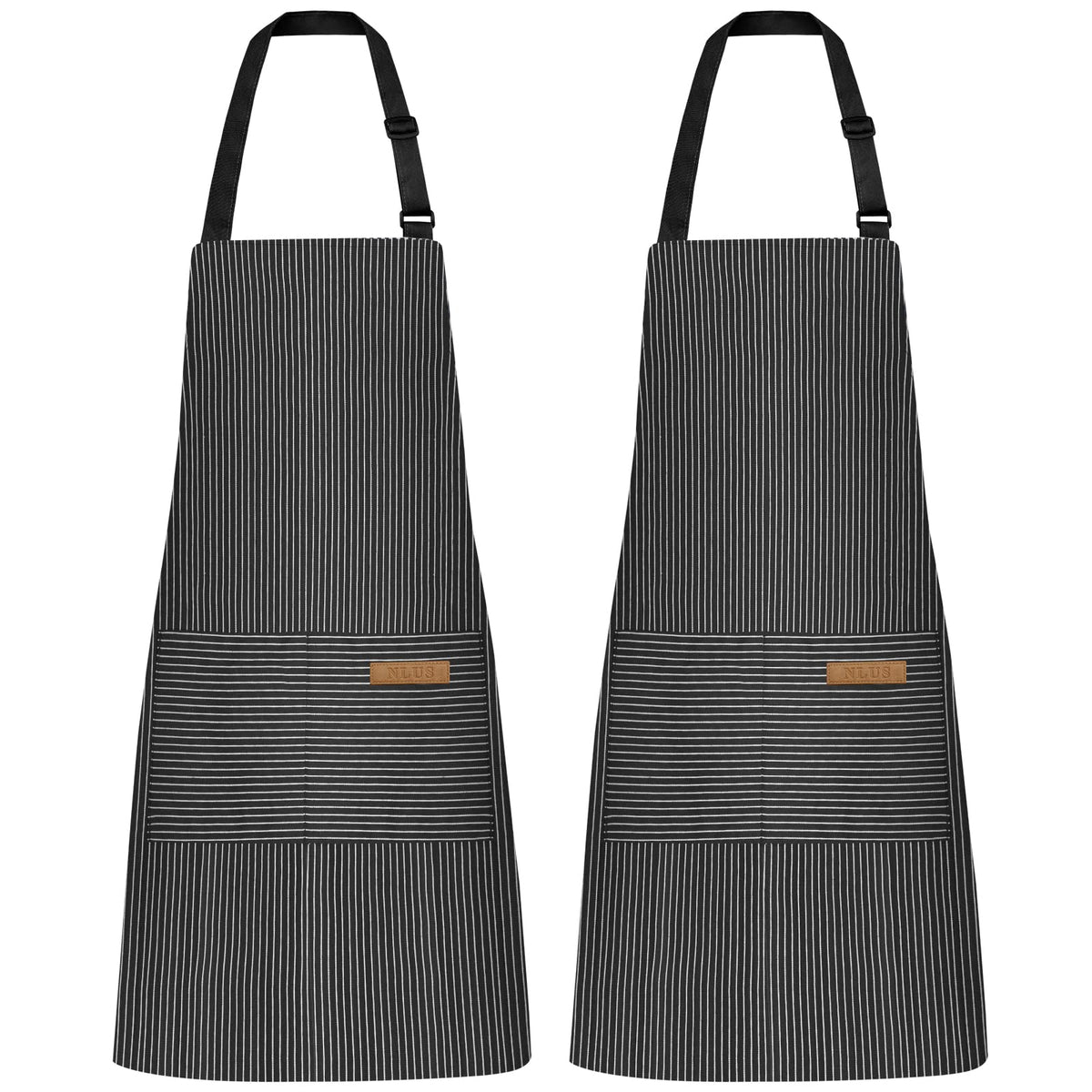 NLUS 2 Pack Kitchen Cooking Aprons, Adjustable Bib Soft Chef Apron with 2 Pockets for Men Women(Black/Brown Stripes)