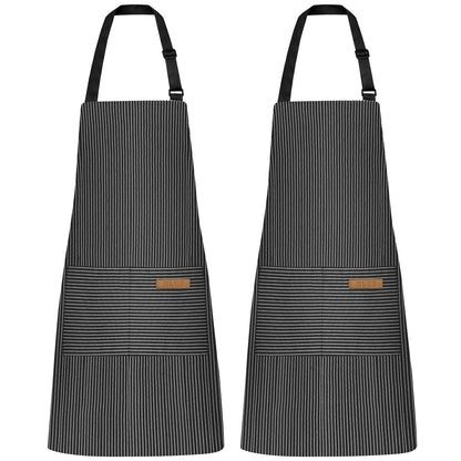 NLUS 2 Pack Kitchen Cooking Aprons, Adjustable Bib Soft Chef Apron with 2 Pockets for Men Women(Black/Brown Stripes)
