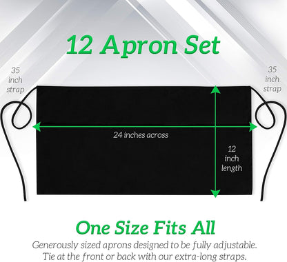 GREEN LIFESTYLE Server Aprons with 3 Pockets - Waist Apron, Waitress Apron for Women and Man, Water Resistant with Long Waist Strap Reinforced Seams, Half Apron (12 Pack - Black)