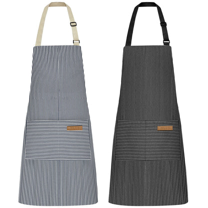 NLUS 2 Pack Kitchen Cooking Aprons, Adjustable Bib Soft Chef Apron with 2 Pockets for Men Women(Black/Brown Stripes)