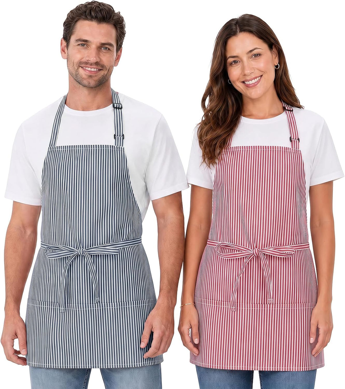 2 Pack Unisex Chef Apron Stripes Kitchen Aprons with 3 Pockets