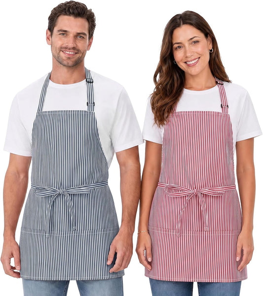 2 Pack Unisex Chef Apron Stripes Kitchen Aprons with 3 Pockets
