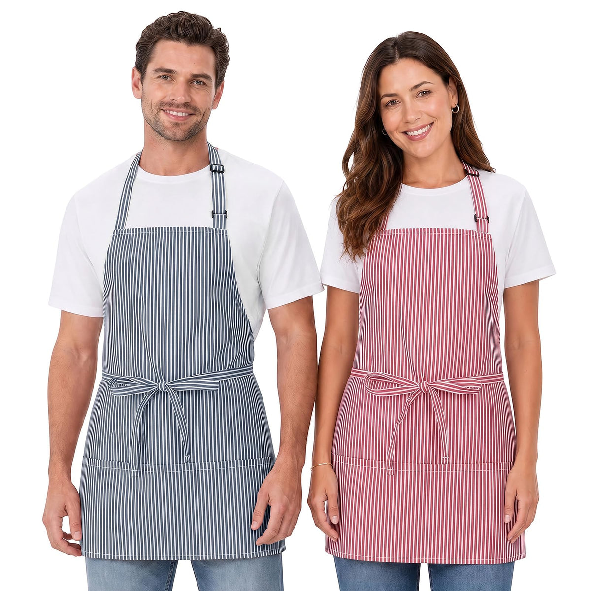 2 Pack Unisex Chef Apron Stripes Kitchen Aprons with 3 Pockets