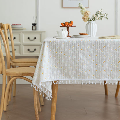 Rectangular Cotton Oil Proof Table Cloth Rectangle Tablecloth Fabric Waterproof for Kitchen Dining Farmhouse Outdoor Printed Daisy Floral 55x70inch,4-6 Seats,White