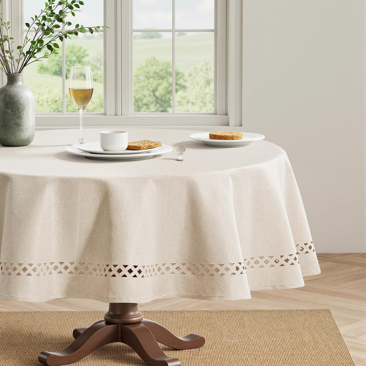 MIULEE Beige Rectangle Tablecloth with Decorative Cutouts 60x84 Inch