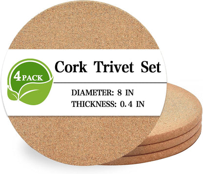 Cork Trivet, 4 Pack High Density Thick Cork Coasters Set for Hot Dishes, 8 Inch Heat Resistant Multifunctional Corks Trivets for Hot Dishes, Hot Pads for Kitchen, Table, Countertops