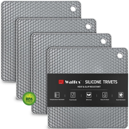 Walfos Silicone Trivet Mats - 4 Heat Resistant Pot Holders, Multipurpose Non-Slip Hot Pads for Kitchen Potholders, Hot Dishers, Jar Opener, Spoon Holder, Food Grade Silicone & BPA Free (Black)
