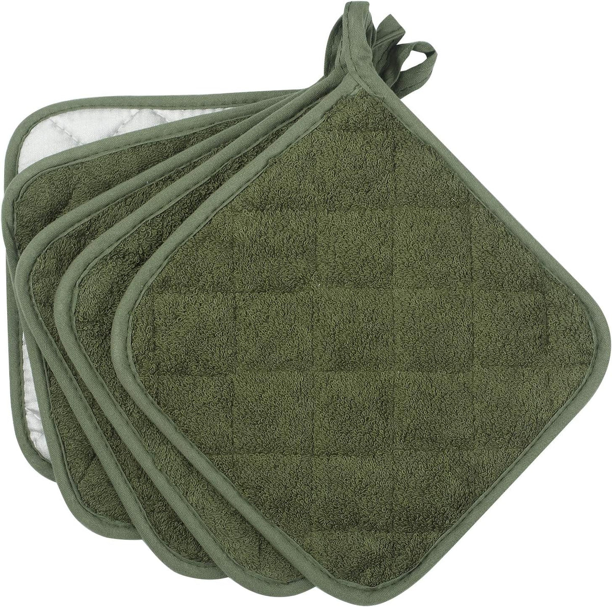 Pot Holders for Kitchen, 100% Cotton Terry Pot Holder Set of 5, Heat Resistant Hot Pads for Cooking, Baking, Hot Dishes and Countertop Protection, Olive Green