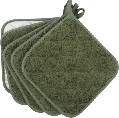 Pot Holders for Kitchen, 100% Cotton Terry Pot Holder Set of 5, Heat Resistant Hot Pads for Cooking, Baking, Hot Dishes and Countertop Protection, Olive Green