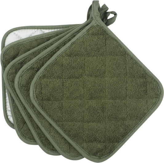 Pot Holders for Kitchen, 100% Cotton Terry Pot Holder Set of 5, Heat Resistant Hot Pads for Cooking, Baking, Hot Dishes and Countertop Protection, Olive Green