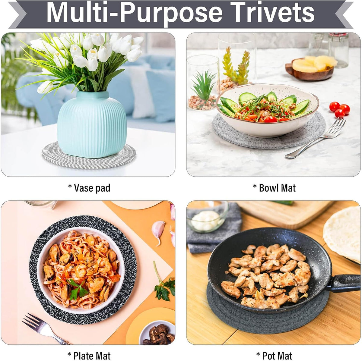 Billbotk 10" Trivets for Hot Dishes, Hot pots and Pans, Set of 6, Heat Resistant Pot Holders for Kitchen, Hot Pads for Countertops
