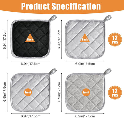 24 Pcs Pot Holders Bulk for Kitchen Heat Resistant, 7X 7Inch Cotton Potholders with Hanging Loops Square Hot Pads Oven Pot Holder Trivet for Cooking Baking (Grey & Black)