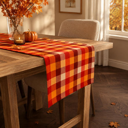Fall Decorations for Home - Orange Brown Plaid Table Runner for Fall Decor