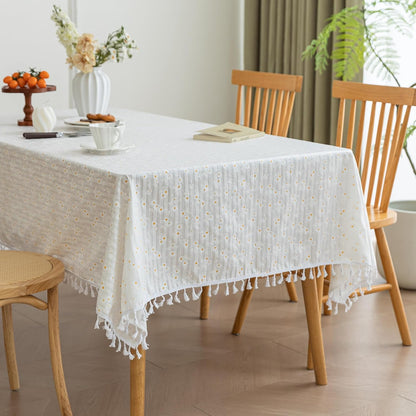 Rectangular Cotton Oil Proof Table Cloth Rectangle Tablecloth Fabric Waterproof for Kitchen Dining Farmhouse Outdoor Printed Daisy Floral 55x70inch,4-6 Seats,White