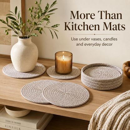 Coga Trivets for Hot Dishes, 4 Pack 7 Inch Cotton Hot Pads for Kitchen with Storage Basket, Round Pot Holders for Kitchen, Heat Resistant Mats for Countertop, Pots and Pans, Farmhouse Decor, Brown