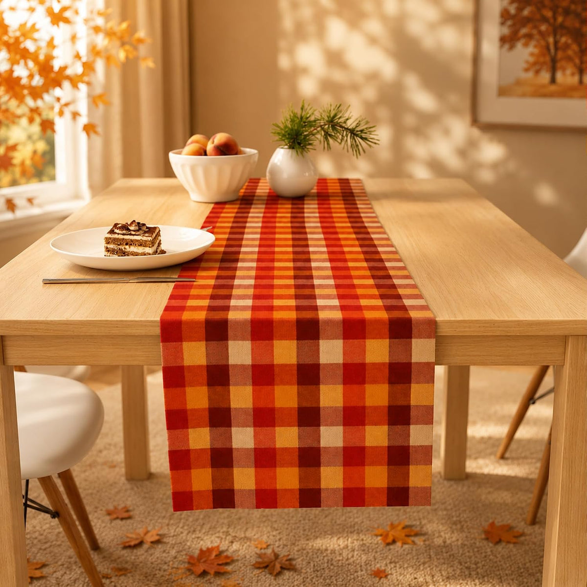 Fall Decorations for Home - Orange Brown Plaid Table Runner for Fall Decor