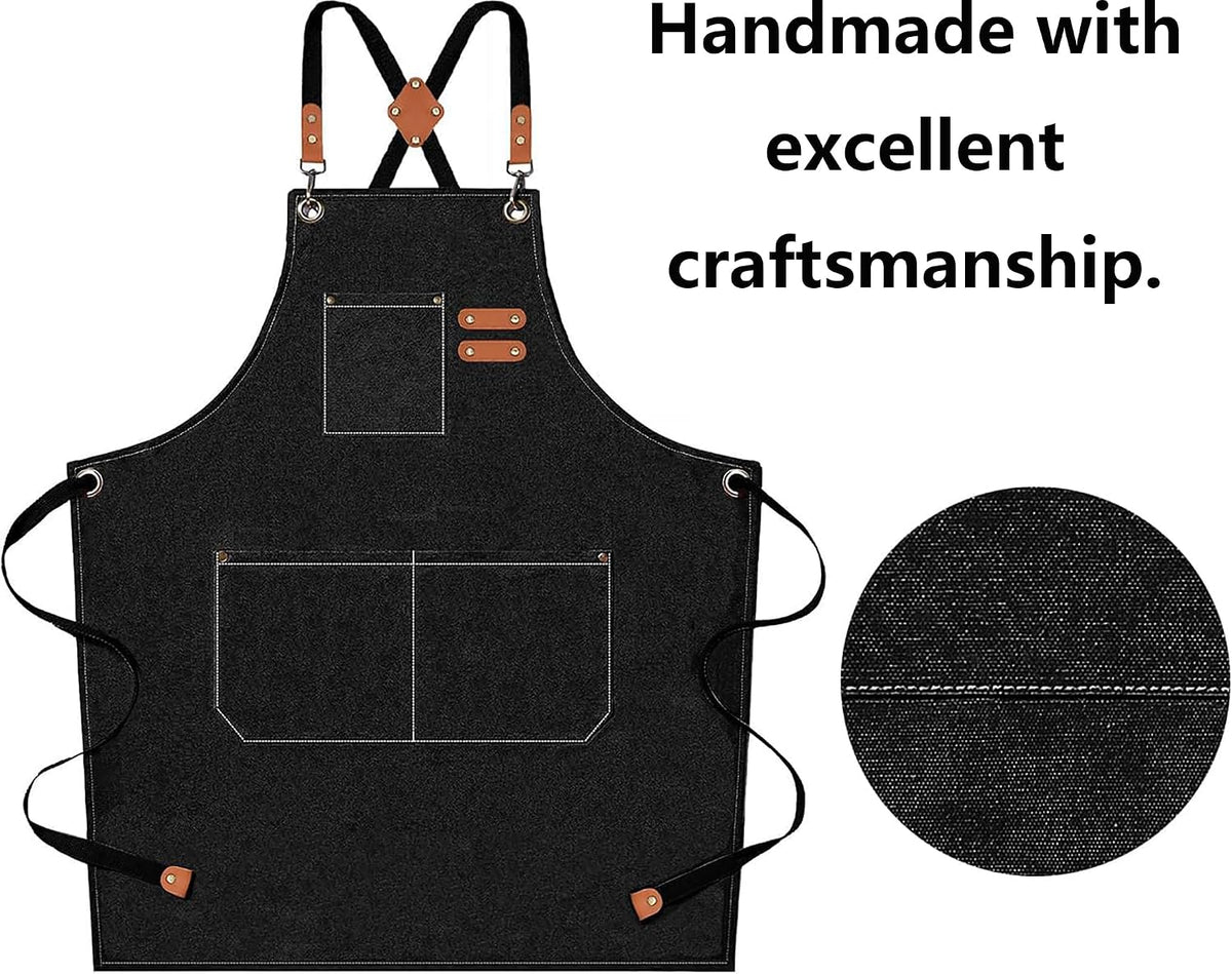 AFUN Chef Aprons for Men Women with Oversized Pockets, 16-Ounce Cotton Canvas Cross Back Heavy Duty Work Apron (Black)