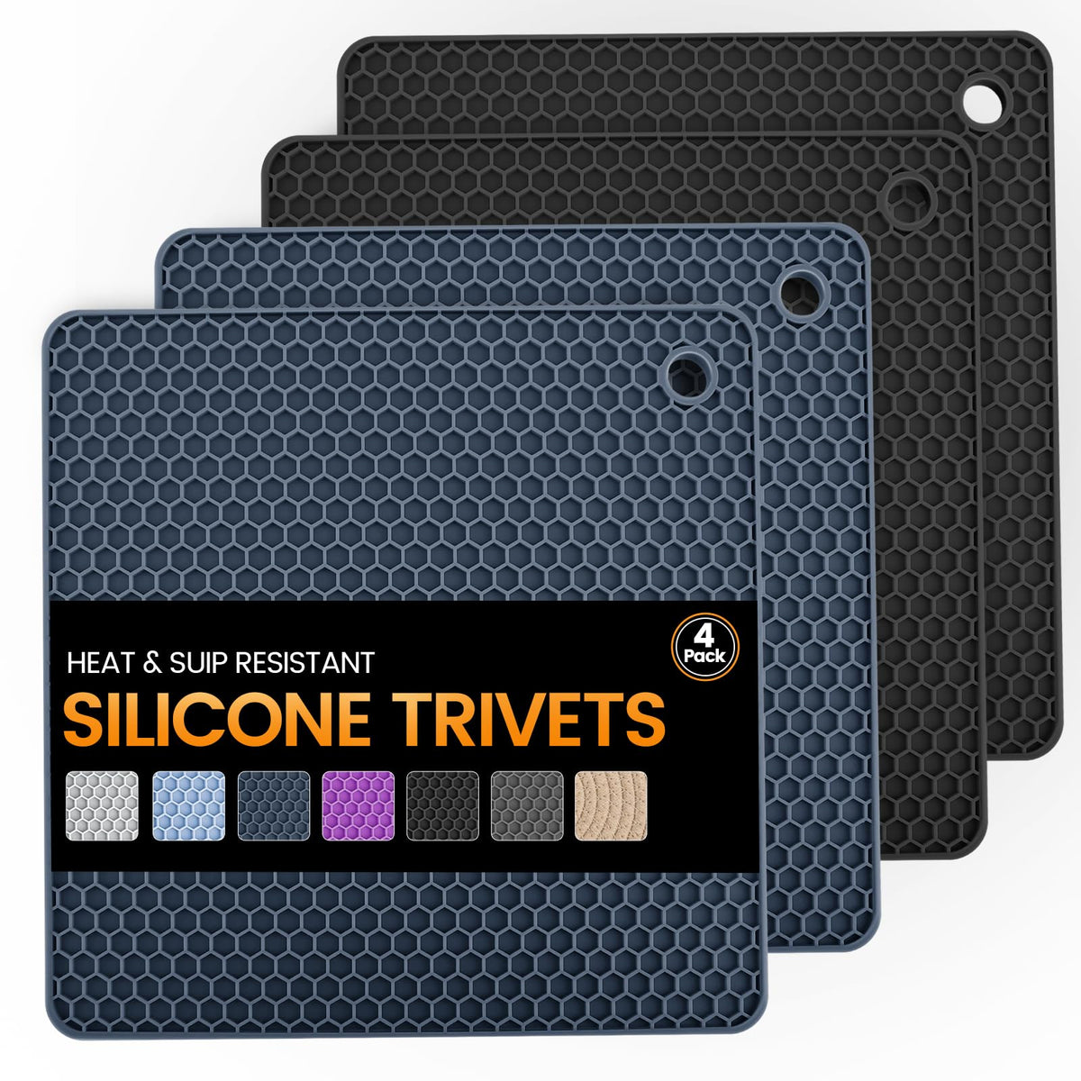 Silicone Trivet Mats 4 Heat Resistant Pot Holders Multipurpose Non-Slip Hot Pads for Kitchen Potholders, Drying mat, Jar Opener, Spoon Holder, Coaster(Dark Grey)