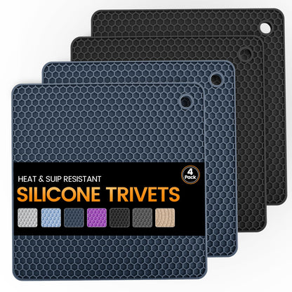 Silicone Trivet Mats 4 Heat Resistant Pot Holders Multipurpose Non-Slip Hot Pads for Kitchen Potholders, Drying mat, Jar Opener, Spoon Holder, Coaster(Dark Grey)