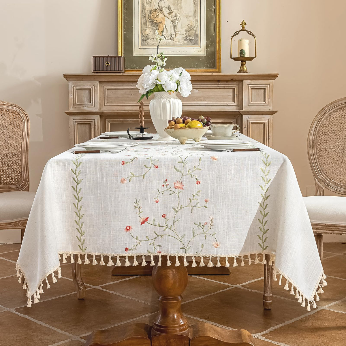 Alsoo Rectangle Tablecloth 55" x 106", Farmhouse Linen Style Table Cloth with Brown Fern Embroidery & Tassels, Heavy Weight Wrinkle & Spill Resistant Table Cover for Dining Kitchen
