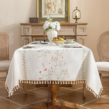 Alsoo Rectangle Tablecloth 55" x 106", Farmhouse Linen Style Table Cloth with Brown Fern Embroidery & Tassels, Heavy Weight Wrinkle & Spill Resistant Table Cover for Dining Kitchen