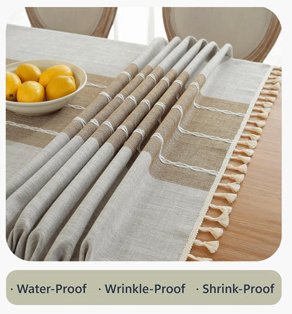 Alsoo Fall Tablecloth Rectangle Linen Style, Outdoor Waterproof Rustic Boho Farmhouse Cotton Table Cloth Wrinkle Free for Picnic Camping Party Kitchen Dining (Coffee Lines, 4-6 Seats, 55x75 Inches)