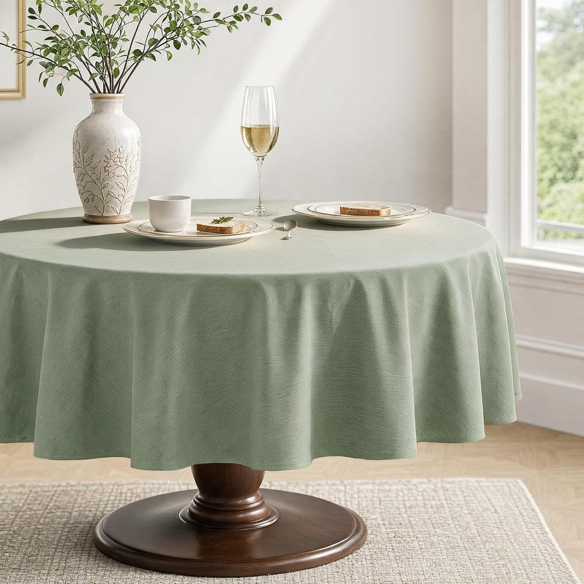 Veblandy Rectangle Tablecloth Linen Textured Waterproof & Stain Resistant Table Cloth Wrinkle Free Decorative Fabric Farmhouse Table Cover for Dining/Party/Buffet/Wedding, 60 x 104 Inch, Sage Green