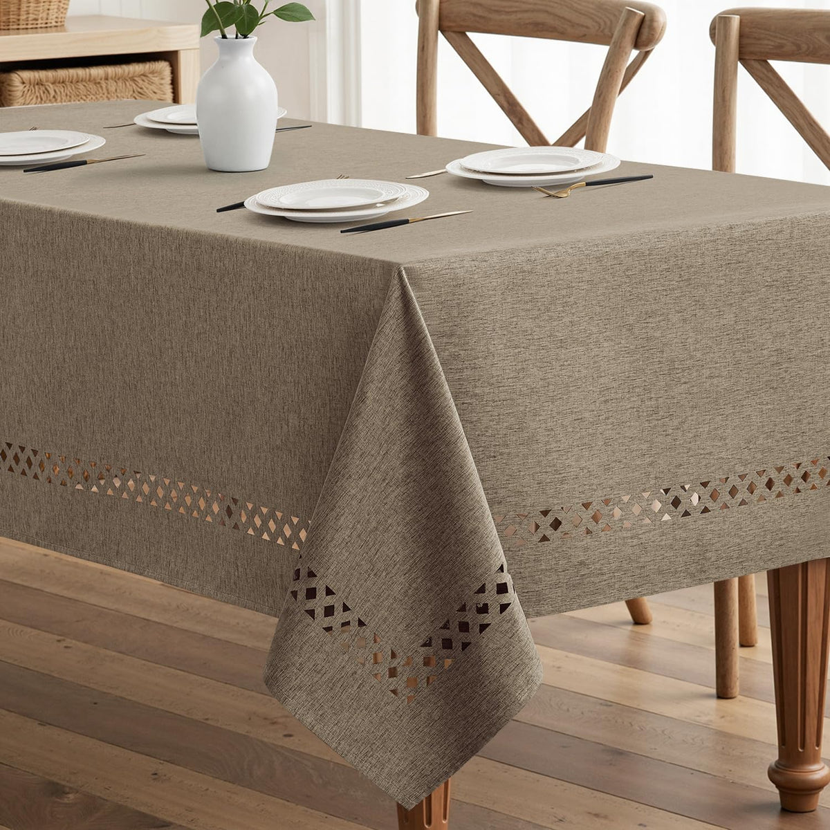 MIULEE Beige Rectangle Tablecloth with Decorative Cutouts 60x84 Inch