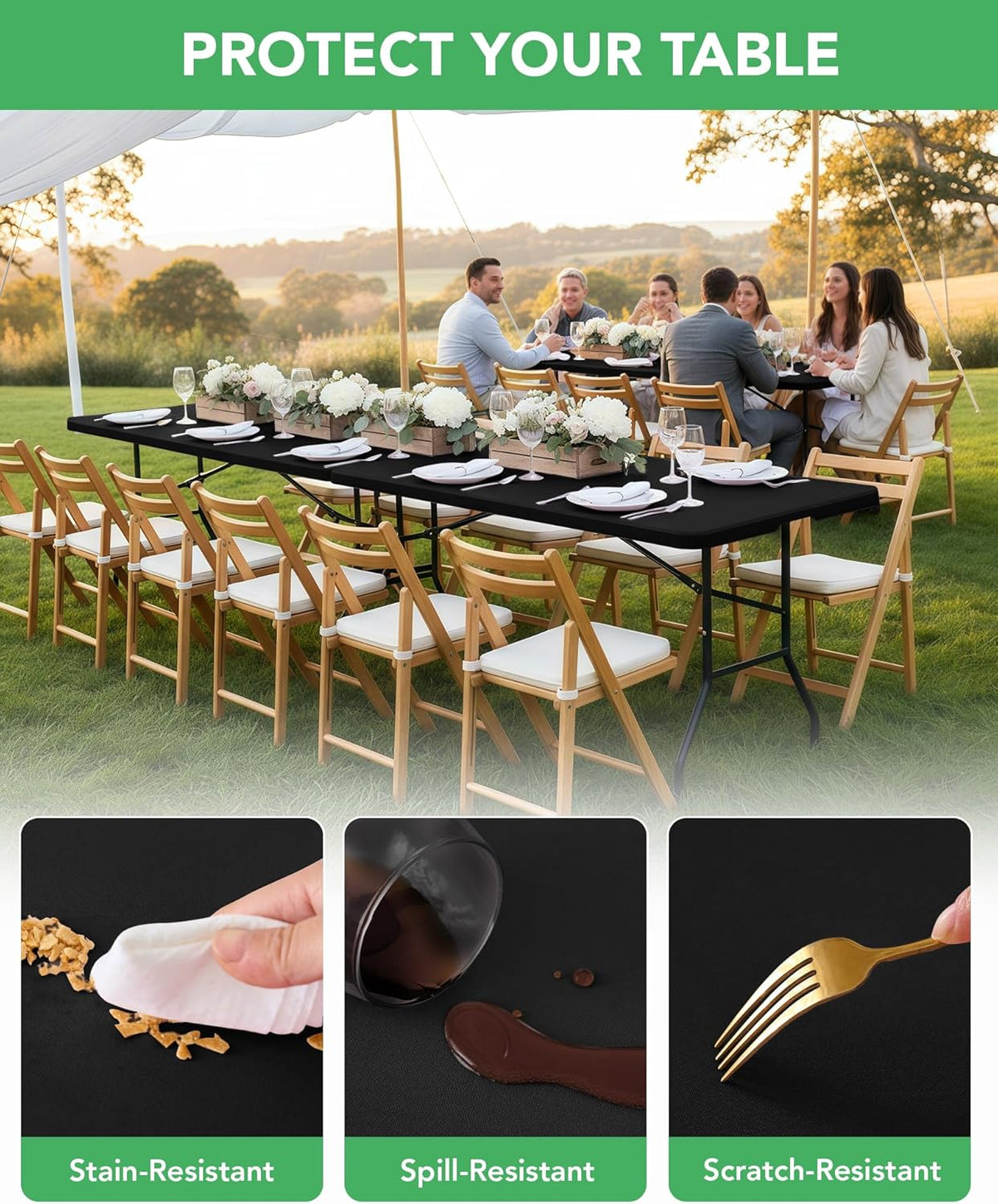 Fitted Tablecloth Rectangle Table Cloths with Elastic, 6 ft, Black, 6 Pack