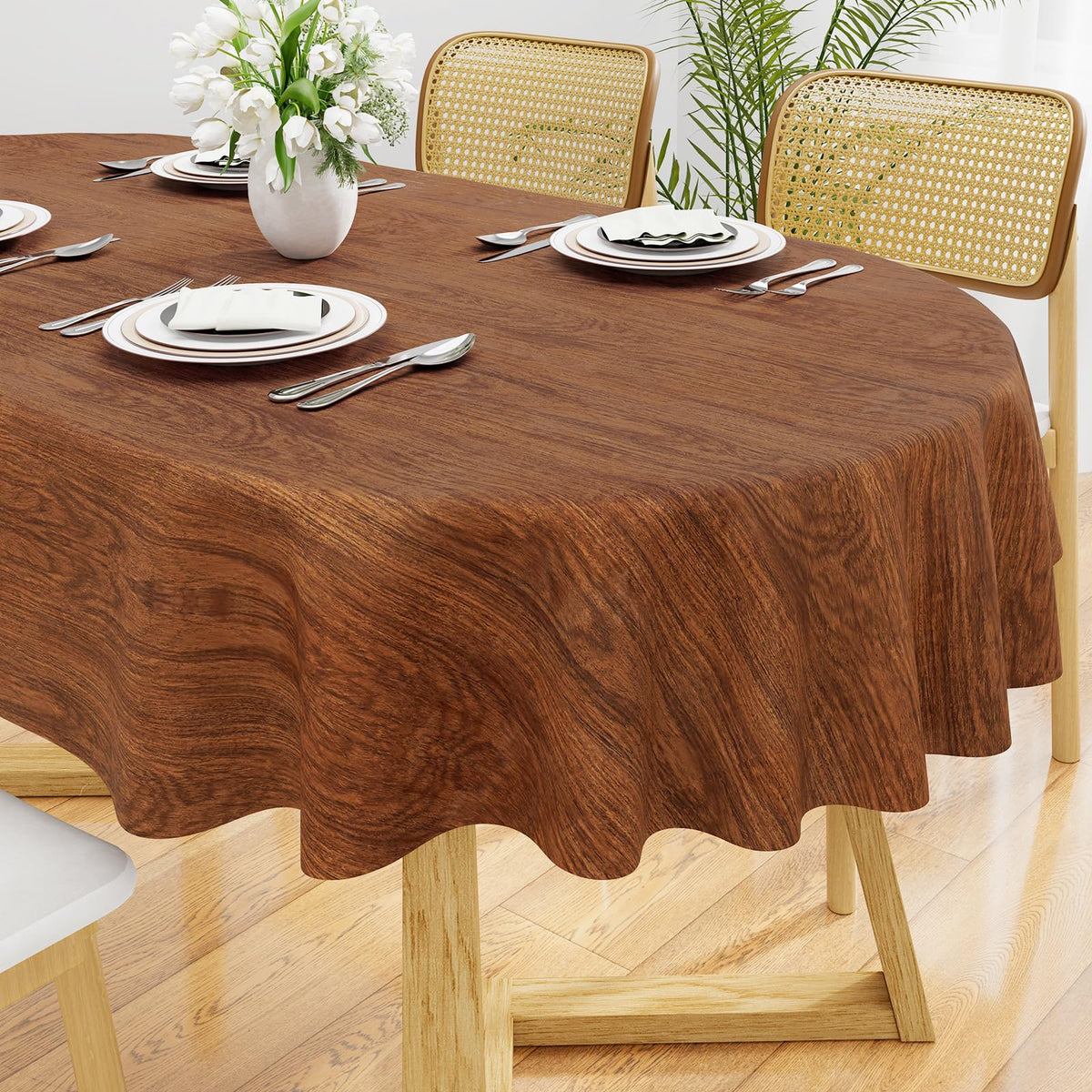 Smiry Rectangle Table Cloth, Waterproof Vinyl Tablecloths with Flannel Backing, Wipeable Spillproof Plastic Table Cover for Dining, Indoor and Outdoor (Champagne, 60 "x 84")
