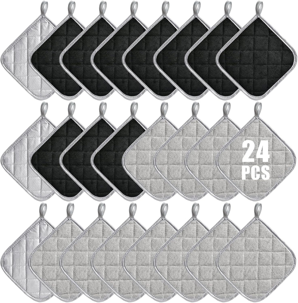 24 Pcs Pot Holders Bulk for Kitchen Heat Resistant, 7X 7Inch Cotton Potholders with Hanging Loops Square Hot Pads Oven Pot Holder Trivet for Cooking Baking (Grey & Black)