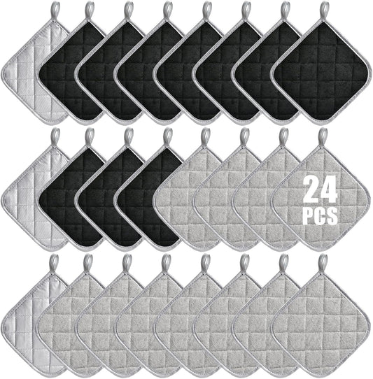 24 Pcs Pot Holders Bulk for Kitchen Heat Resistant, 7X 7Inch Cotton Potholders with Hanging Loops Square Hot Pads Oven Pot Holder Trivet for Cooking Baking (Grey & Black)