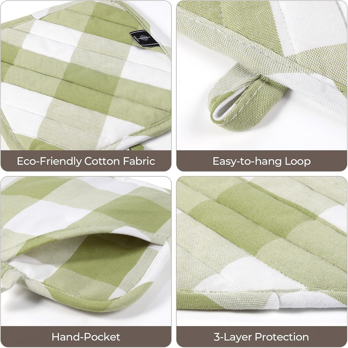 Cotton Pot Holders for Kitchen Heat Resistant Potholder Hot Pads Trivet Coaster Non-Slip Potholders Set for Cooking and Baking (2, Green Plaid, Square，8.27 in²)