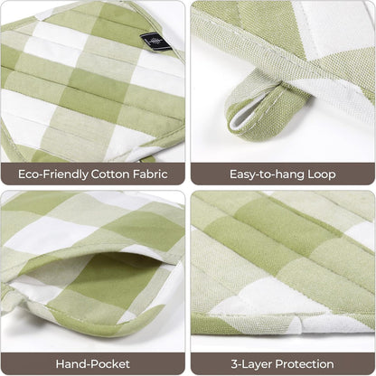 Cotton Pot Holders for Kitchen Heat Resistant Potholder Hot Pads Trivet Coaster Non-Slip Potholders Set for Cooking and Baking (2, Green Plaid, Square，8.27 in²)