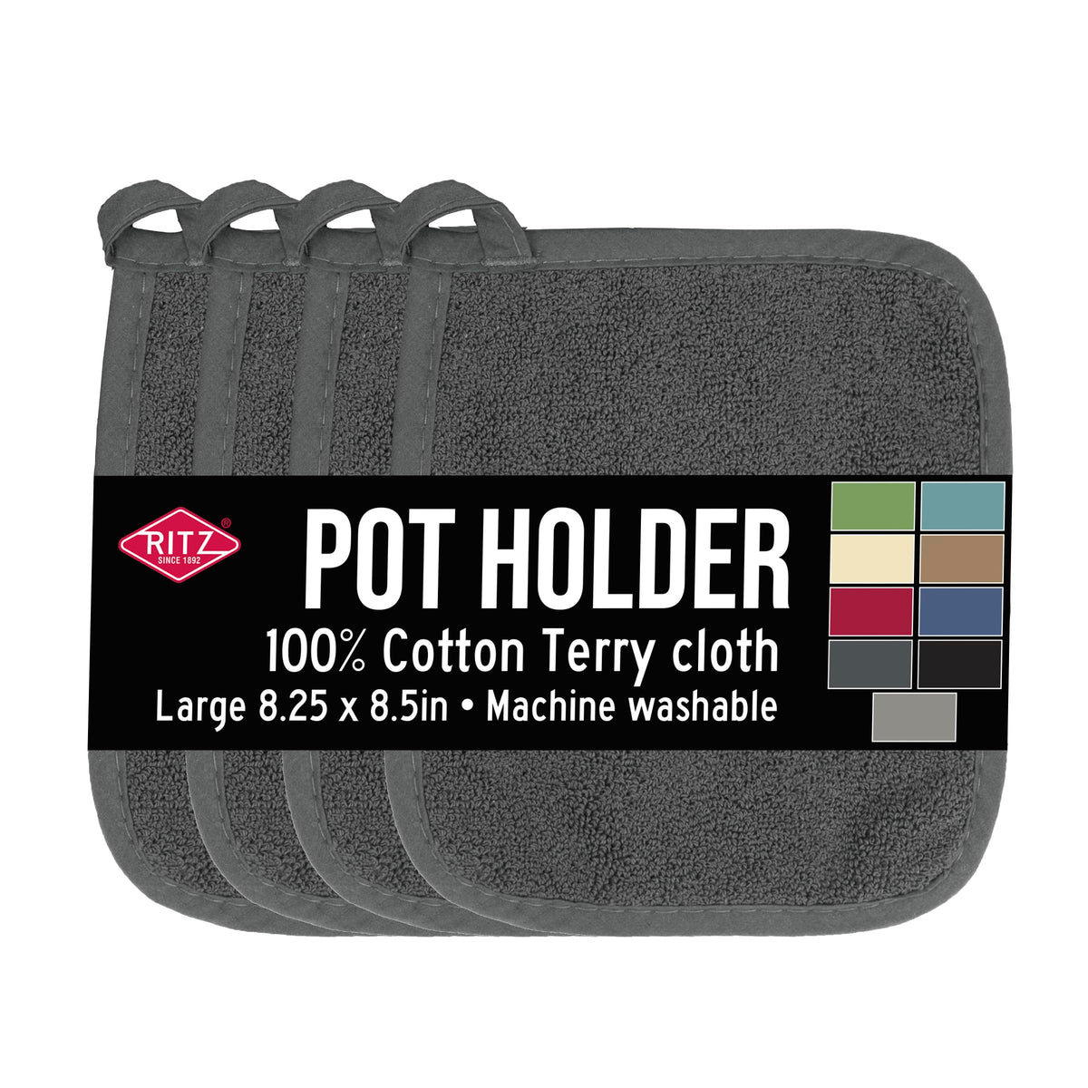 RITZ Terry Potholder & Hot Pad: Unparalleled Heat Resistant, Durable 100% Cotton – Ergonomically Designed for Optimal Grip – Easy-Care Machine Washable – 4-Pack, Federal Blue