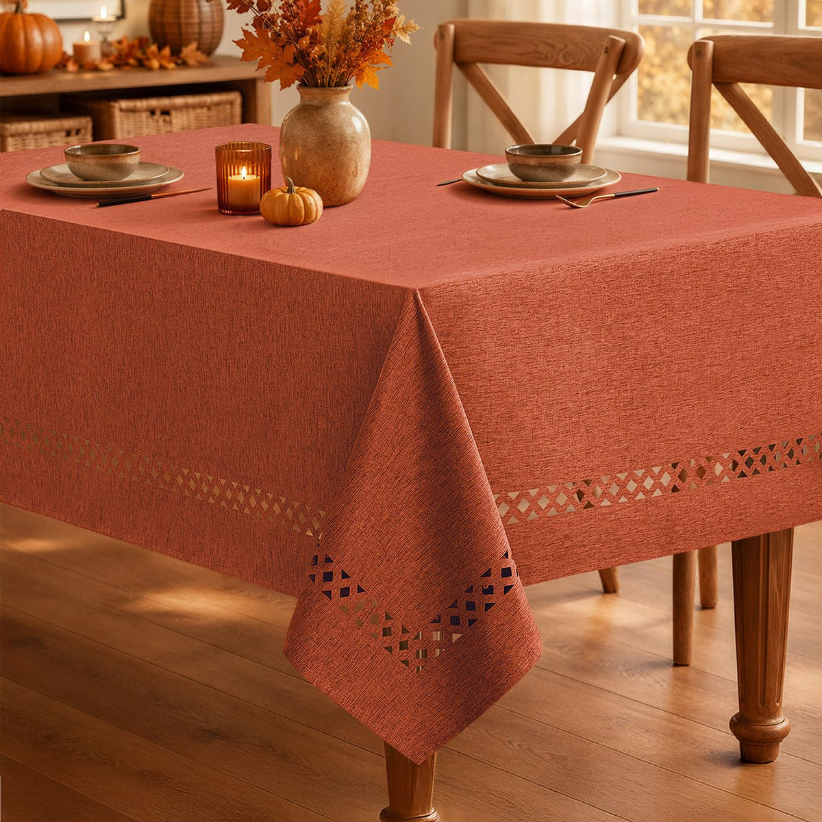 MIULEE Beige Rectangle Tablecloth with Decorative Cutouts 60x84 Inch