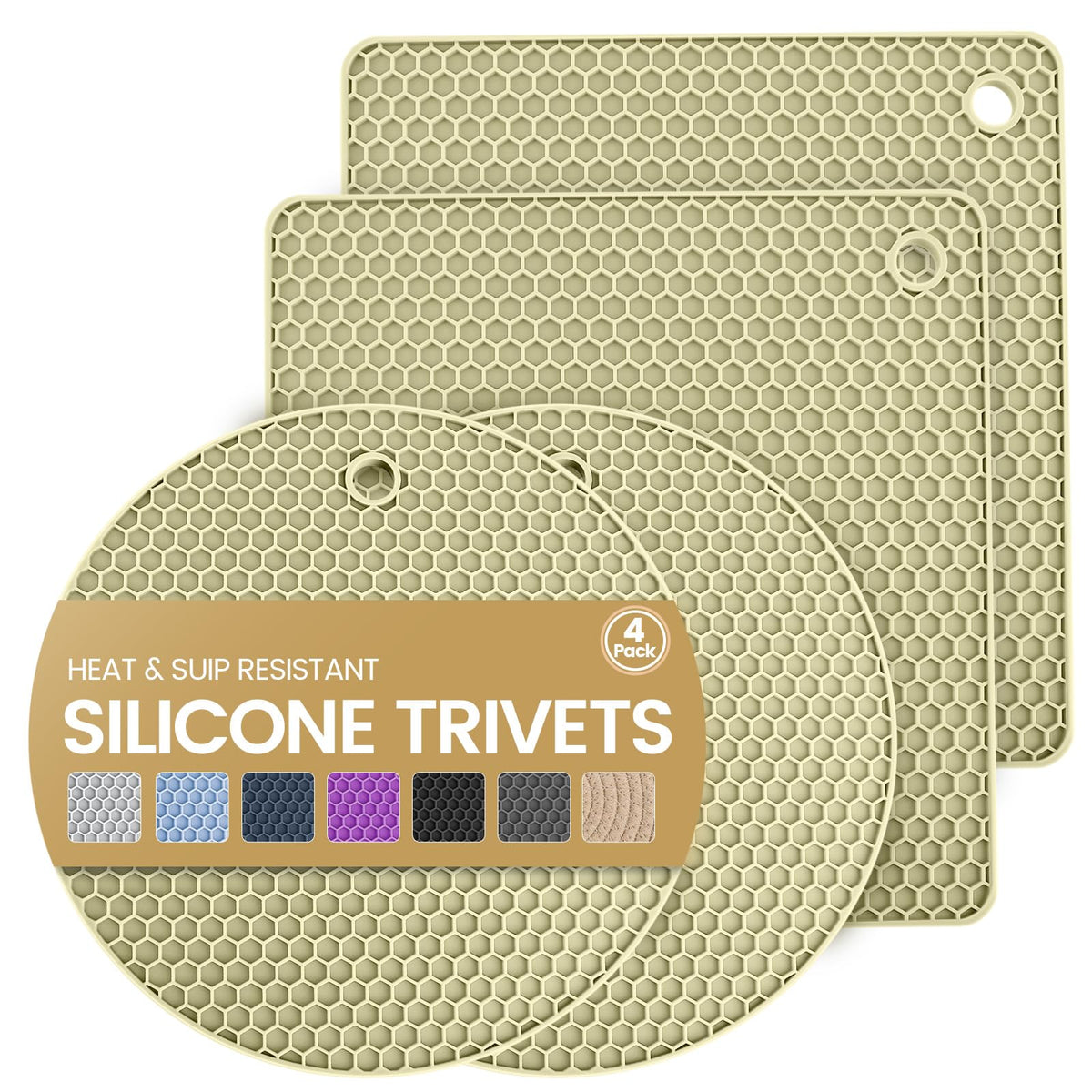 Silicone Trivet Mats 4 Heat Resistant Pot Holders Multipurpose Non-Slip Hot Pads for Kitchen Potholders, Drying mat, Jar Opener, Spoon Holder, Coaster(Dark Grey)