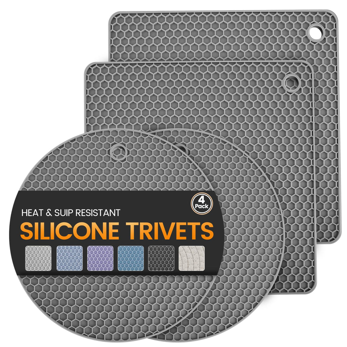 Silicone Trivet Mats 4 Heat Resistant Pot Holders Multipurpose Non-Slip Hot Pads for Kitchen Potholders, Drying mat, Jar Opener, Spoon Holder, Coaster(Dark Grey)