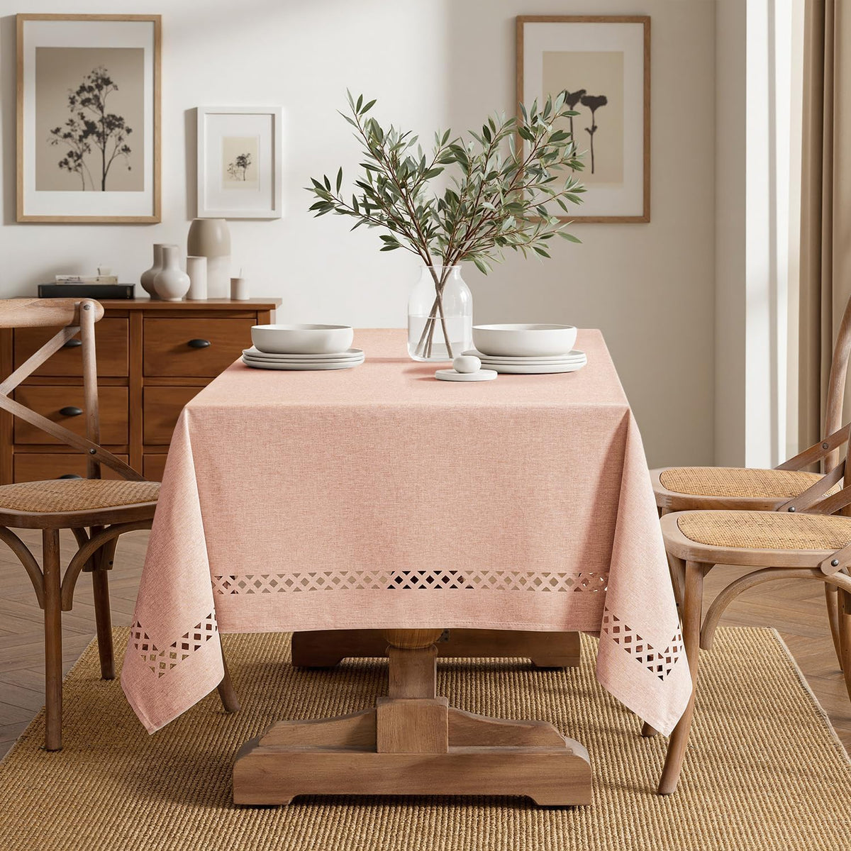 MIULEE Pink Rectangle Tablecloth with Decorative Cutouts 52x70 Inch